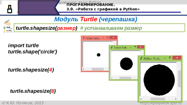 ПРОГРАММИРОВАНИЕ. 3.9. «Работа с графикой в Python» Модуль Turtle (черепашка) turtle.shapesize( размер )  # устанавливаем размер  import turtle turtle.shape('circle') turtle.shapesize( 4 ) turtle.shapesize( 8 ) После того как мы установили стиль модуля turtle, например круг, можно установить его размер, командой shapesize, а в скобочках указать размер в пикселях. 24