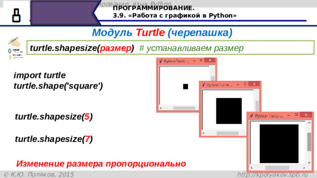 ПРОГРАММИРОВАНИЕ. 3.9. «Работа с графикой в Python» Модуль Turtle (черепашка) turtle.shapesize( размер )  # устанавливаем размер  import turtle turtle.shape('square') turtle.shapesize( 5 ) turtle.shapesize( 7 ) Для стиля квадрат размер создаётся также , как и в предыдущем случае, при этом изменения размера сторон квадрата происходит пропорционально Изменение размера пропорционально 25