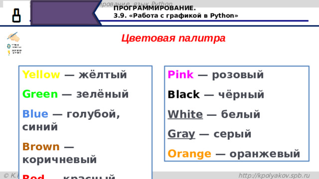 ПРОГРАММИРОВАНИЕ. 3.9. «Работа с графикой в Python» Цветовая палитра Yellow — жёлтый Green — зелёный Blue — голубой, синий Brown — коричневый Red — красный Pink — розовый Black — чёрный White — белый Gray — серый Orange — оранжевый Для того, чтобы задавать цвета, необходимо знать их названия на английском языке, например Yellow — жёлтый Green — зелёный Blue — голубой, синий Brown — коричневый Red — красный и т.д. 29