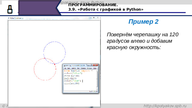 ПРОГРАММИРОВАНИЕ. 3.9. «Работа с графикой в Python» Пример 2 Повернём черепашку на 120 градусов влево и добавим красную окружность: Повернём черепашку на 120 градусов влево и добавим красную окружность: 41