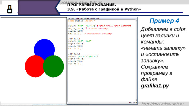 ПРОГРАММИРОВАНИЕ. 3.9. «Работа с графикой в Python» Пример 4 Добавляем в color цвет заливки и команды: «начать заливку» и «остановить заливку». Сохраняем программу в файле grafika1.py Добавляем в color цвет заливки и команды: «начать заливку» и «остановить заливку». Сохраняем программу в файле grafika1.py 47