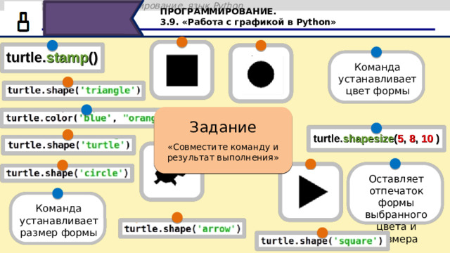 ПРОГРАММИРОВАНИЕ. 3.9. «Работа с графикой в Python» Команда устанавливает цвет формы Задание «Совместите команду и результат выполнения» Оставляет отпечаток формы выбранного цвета и размера Команда устанавливает размер формы Давайте повторим. Задание. Совместите команду и результат выполнения 48