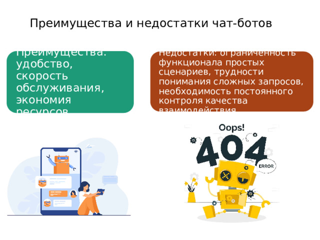 Преимущества и недостатки чат-ботов Преимущества: удобство, скорость обслуживания, экономия ресурсов. Недостатки: ограниченность функционала простых сценариев, трудности понимания сложных запросов, необходимость постоянного контроля качества взаимодействия.