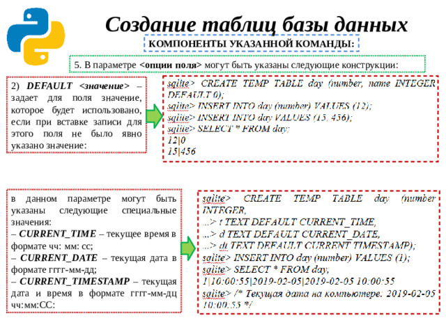 Создание таблиц базы данных   КОМПОНЕНТЫ УКАЗАННОЙ КОМАНДЫ: 5. В параметре  могут быть указаны следующие конструкции: 2) DEFAULT  – задает для поля значение, которое будет использовано, если при вставке записи для этого поля не было явно указано значение: в данном параметре могут быть указаны следующие специальные значения: – CURRENT_TIME – текущее время в формате чч: мм: сс; – CURRENT_DATE – текущая дата в формате гггг-мм-дд; – CURRENT_TIMESTAMP – текущая дата и время в формате гггг-мм-дц чч:мм:СС: