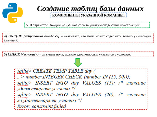 Создание таблиц базы данных   КОМПОНЕНТЫ УКАЗАННОЙ КОМАНДЫ: 5. В параметре  могут быть указаны следующие конструкции: 4) UNIQUE [] – указывает, что поле может содержать только уникальные значения; 5) CHECK () – значение поля, должно удовлетворять указанному условию: