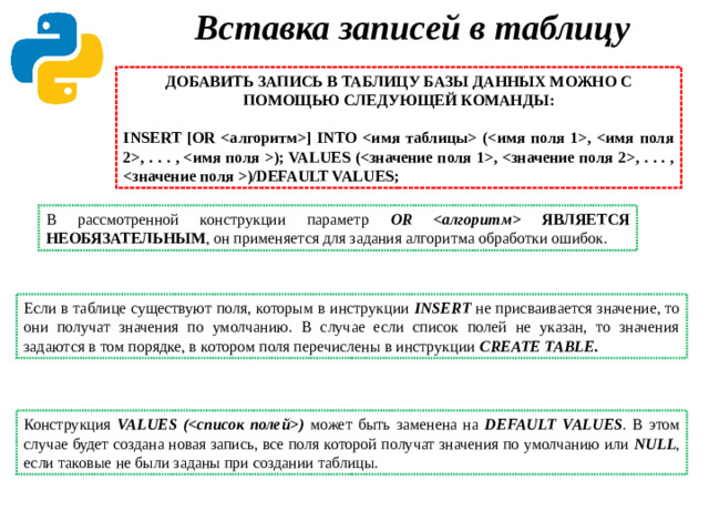 Вставка записей в таблицу   ДОБАВИТЬ ЗАПИСЬ В ТАБЛИЦУ БАЗЫ ДАННЫХ МОЖНО С ПОМОЩЬЮ СЛЕДУЮЩЕЙ КОМАНДЫ:   INSERT [OR ] INTO  (, , . . . , ); VALUES (, , . . . , )/DEFAULT VALUES; В рассмотренной конструкции параметр OR  ЯВЛЯЕТСЯ НЕОБЯЗАТЕЛЬНЫМ , он применяется для задания алгоритма обработки ошибок. Если в таблице существуют поля, которым в инструкции INSERT не присваивается значение, то они получат значения по умолчанию. В случае если список полей не указан, то значения задаются в том порядке, в котором поля перечислены в инструкции CREATE TABLE. Конструкция VALUES () может быть заменена на DEFAULT VALUES . В этом случае будет создана новая запись, все поля которой получат значения по умолчанию или NULL , если таковые не были заданы при создании таблицы.