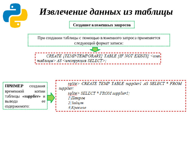 Извлечение данных из таблицы Создание вложенных запросов При создании таблицы с помощью вложенного запроса применяется следующий формат записи: ПРИМЕР создания временной копии таблицы «supplier» и вывода ее содержимого: