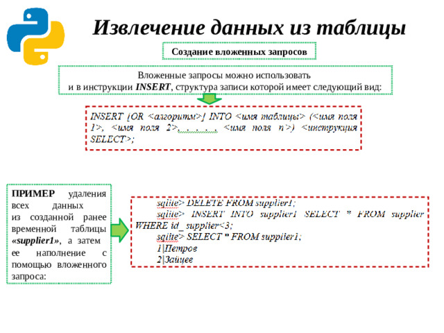 Извлечение данных из таблицы Создание вложенных запросов Вложенные запросы можно использовать  и в инструкции INSERT , структура записи которой имеет следующий вид: ПРИМЕР удаления всех данных  из созданной ранее временной таблицы «supplier1» ,  а затем  ее наполнение с помощью вложенного запроса: