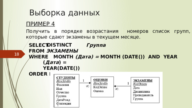 Выборка данных Пример 4 Получить в порядке возрастания номеров список групп, которые сдают экзамены в текущем месяце. SELECT      Группа FROM ЭКЗАМЕНЫ WHERE MONTH (Дата) = MONTH (DATE()) AND  YEAR ( Дата ) =                 YEAR(DATE()) ORDER BY Группа  DISTINCT