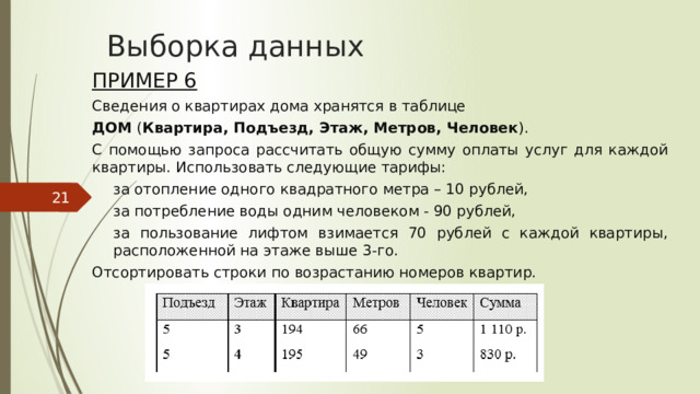 Выборка данных Пример 6 Сведения о квартирах дома хранятся в таблице ДОМ ( Квартира, Подъезд, Этаж, Метров, Человек ). С помощью запроса рассчитать общую сумму оплаты услуг для каждой квартиры. Использовать следующие тарифы: за отопление одного квадратного метра – 10 рублей, за потребление воды одним человеком - 90 рублей, за пользование лифтом взимается 70 рублей с каждой квартиры, расположенной на этаже выше 3-го. Отсортировать строки по возрастанию номеров квартир.
