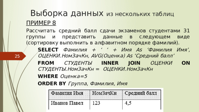 Выборка данных из нескольких таблиц Пример 8 Рассчитать средний балл сдачи экзаменов студентами 31 группы и представить данные в следующем виде (сортировку выполнить в алфавитном порядке фамилий). SELECT Фамилия  + ‘ ‘ + Имя As ‘Фамилия Имя’, ОЦЕНКИ.НомЗачКн, AVG(Оценка) As ‘Средний балл’ FROM СТУДЕНТЫ INNER JOIN ОЦЕНКИ ON СТУДЕНТЫ.НомЗачКн  = ОЦЕНКИ.НомЗачКн WHERE Оценка=5 ORDER BY Группа , Фамилия , Имя
