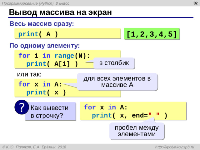 Создание массивов (списков) в программе 2-й способ.  Можно описать пустой список и с помощью цикла организовать ввод элементов с клавиатуры. Организуется ввод пяти элементов. Параметр цикла i определяет индекс элемента. Функция range(5) позволяет задать значения параметра от 0 до 4.