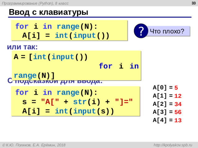 Создание массивов (списков) в программе 3-й способ.  Заполнение массива по определенному правилу. В данном случае можно использовать генератор списка. Пример 1. Массив a из пяти элементов заполнить десятками  a = [10]*5  Результат: a = [10, 10, 10, 10, 10]