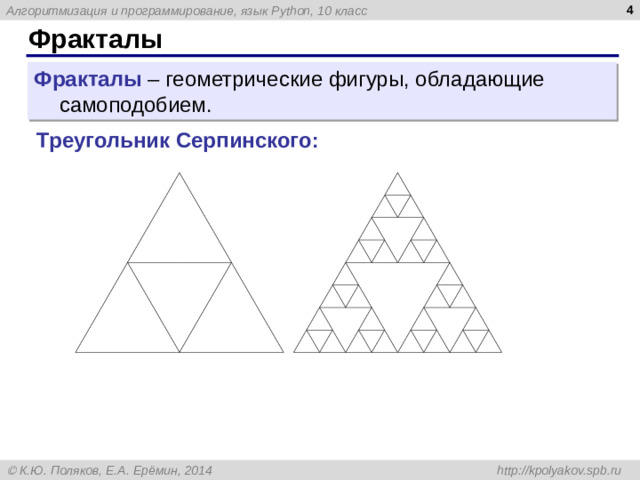3 Фракталы Фракталы – геометрические фигуры, обладающие самоподобием. Треугольник Серпинского: