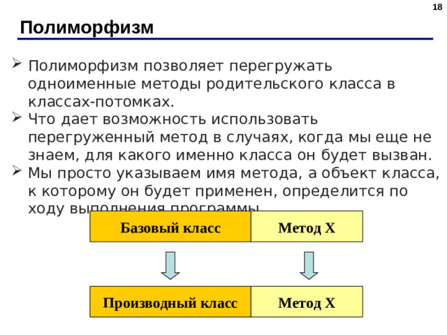 Полиморфизм Полиморфизм  позволяет перегружать одноименные методы родительского класса в классах-потомках. Что дает возможность использовать перегруженный метод в случаях, когда мы еще не знаем, для какого именно класса он будет вызван. Мы просто указываем имя метода, а объект класса, к которому он будет применен, определится по ходу выполнения программы. Базовый класс Метод Х Производный класс Метод Х