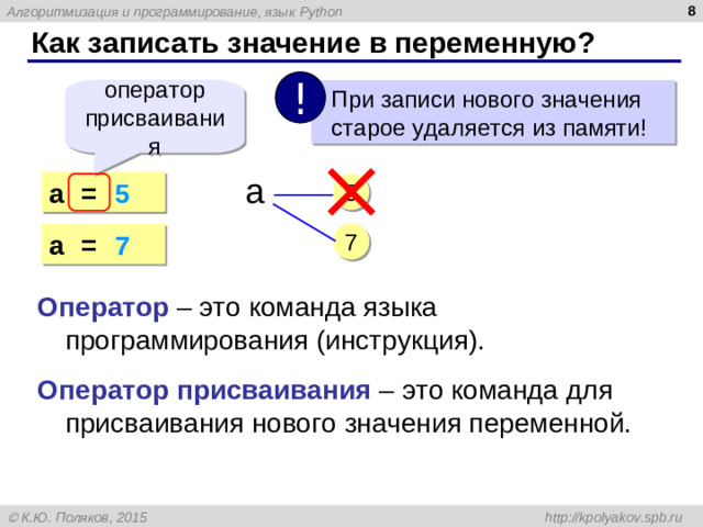 Как записать значение в переменную? ! оператор присваивания  При записи нового значения  старое удаляется из памяти! a a = 5 5 7 a = 7 Оператор – это команда языка программирования (инструкция). Оператор присваивания – это команда для присваивания нового значения переменной.